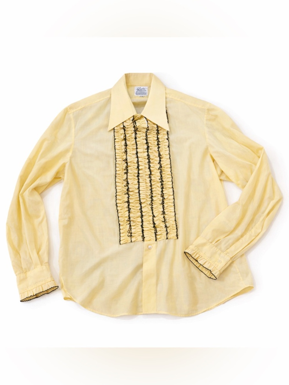 Vintage 70s Yellow Ruffle Tuxedo Shirt Mens 17-36 French Cuff Disco Formal Gala